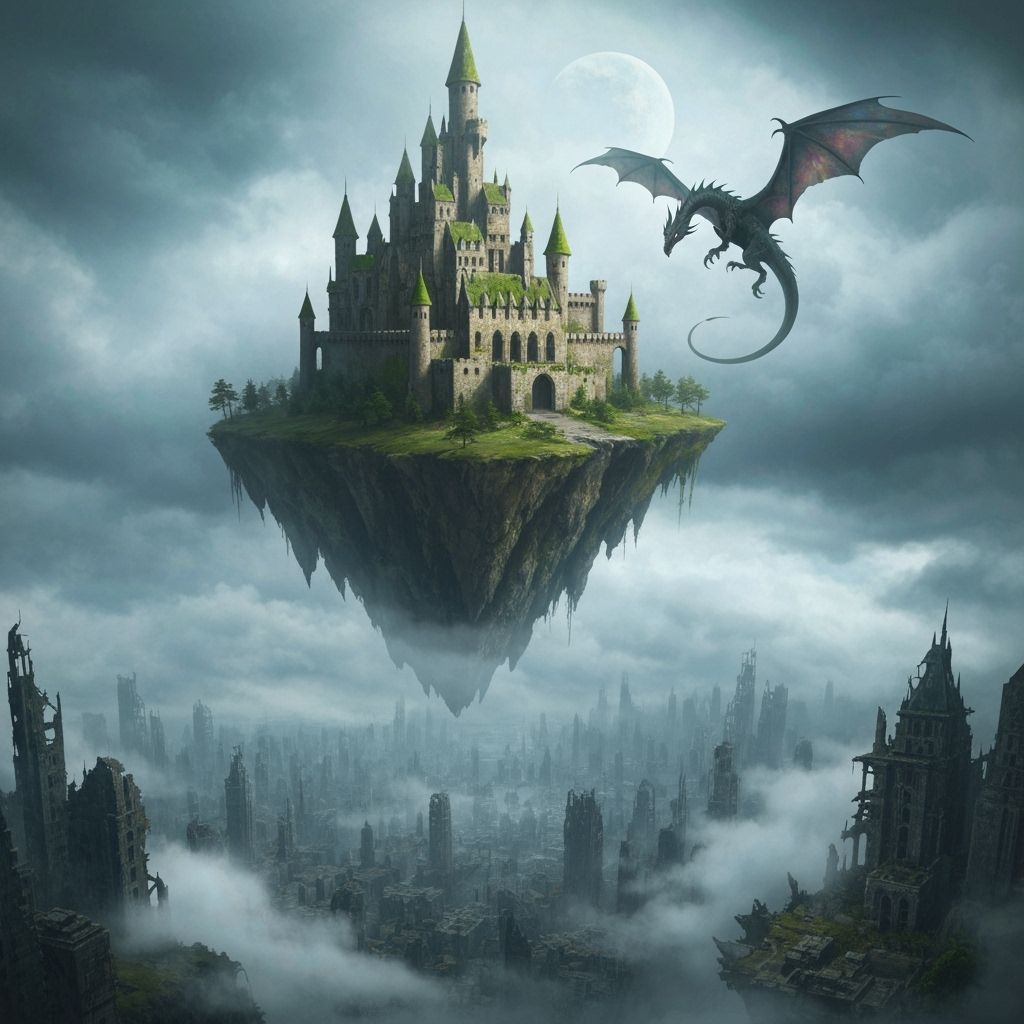 Fantasy Castle on Floating Island with Dragon