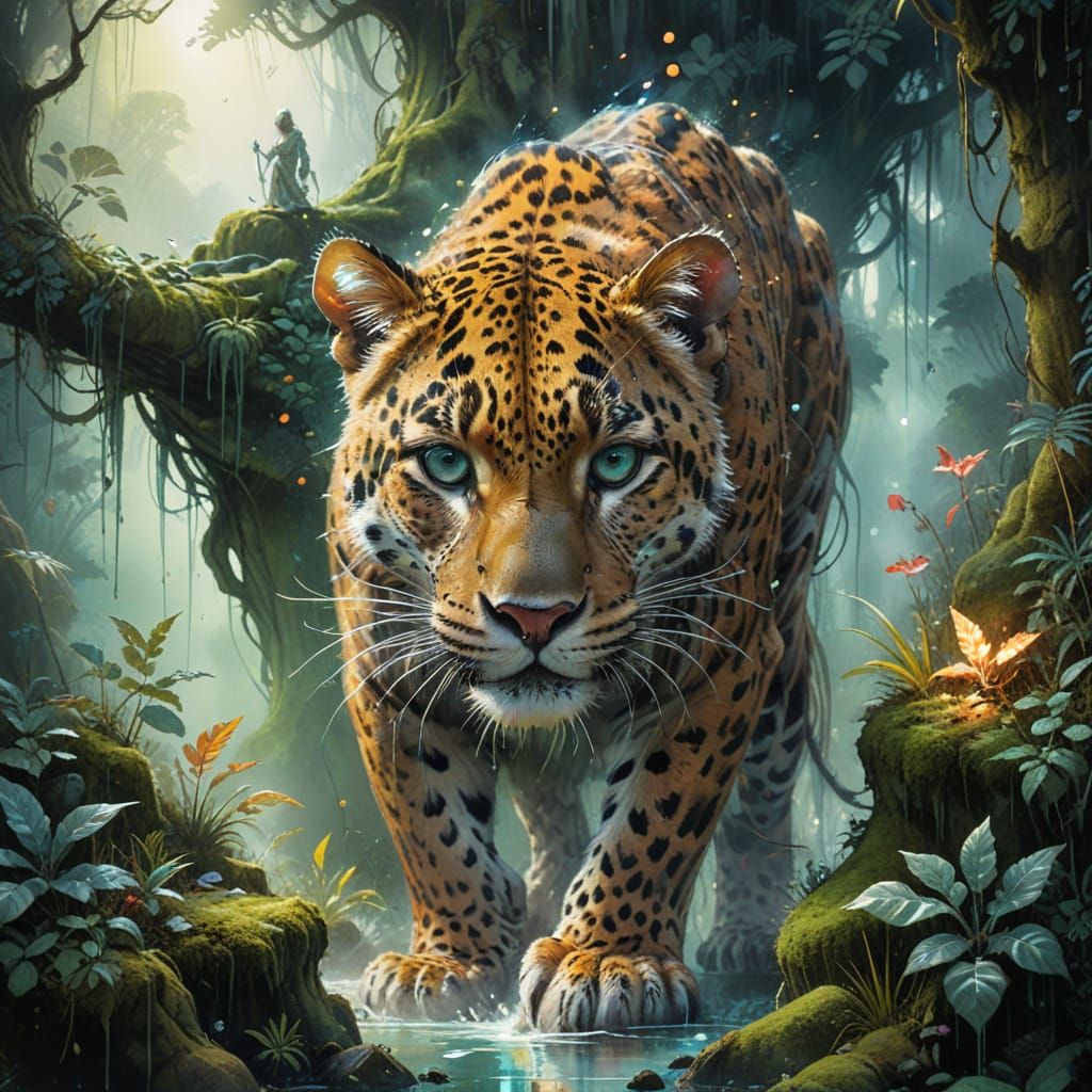 Bioluminescent Jungle Guardian in Stylized Watercolor
