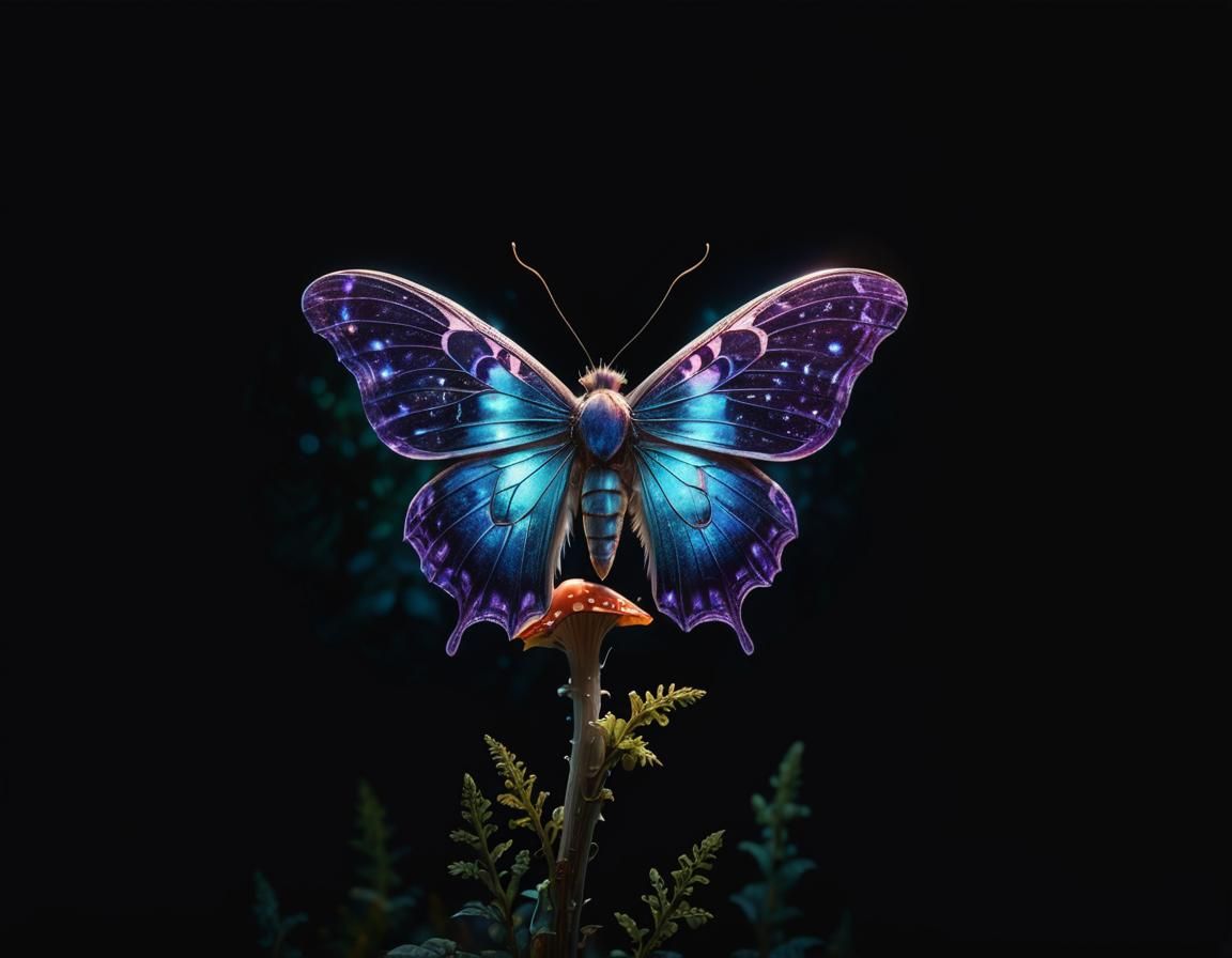 Iridescent Moth in Magic Forest, Hyperrealistic Concept Art
