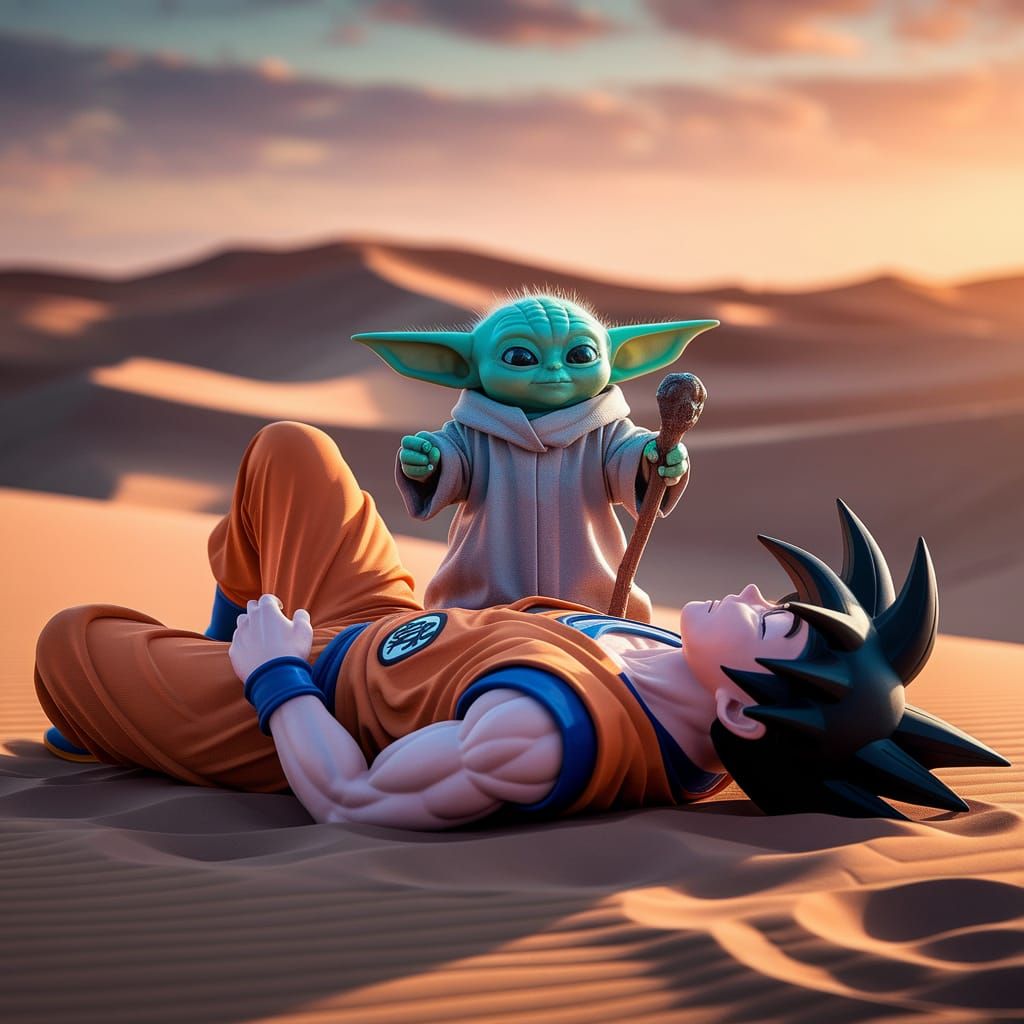 Baby Yoda Triumphs Over Goku in Golden Desert Sunset