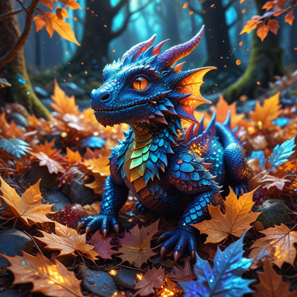 Mystical Baby Dragon in Autumn Leaves