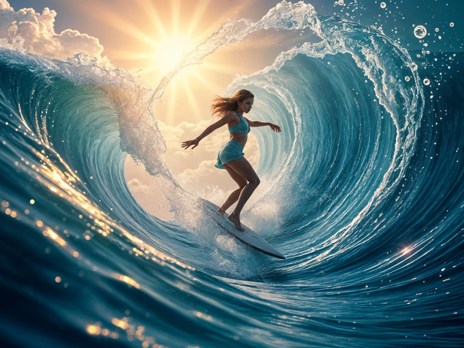 Surfer Girl Dances Amidst Whirling Sea Vortex in Dreamlike S...