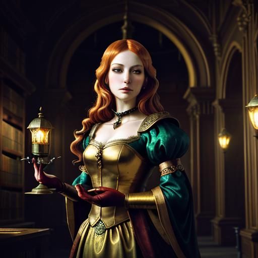 Woman with Lantern in Fantasy Library as Impasto Oil Paintin...