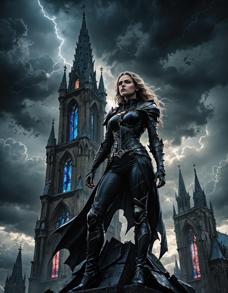 Gothic Superhero Goddess on Shattered Spire in Mysterious Da...