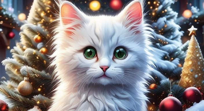 Surreal Christmas Scene with a Playful Fluffy Kitten