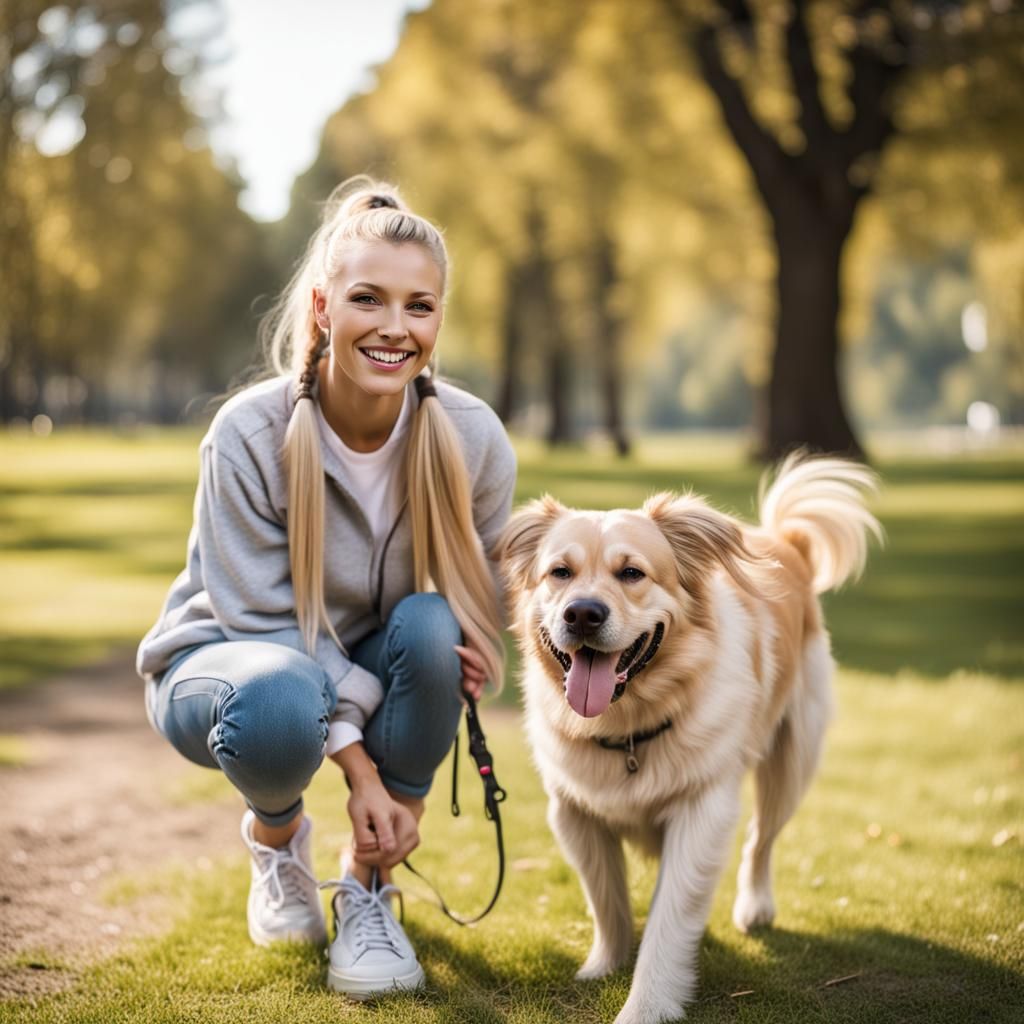 Woman with Dog in Park Smiling