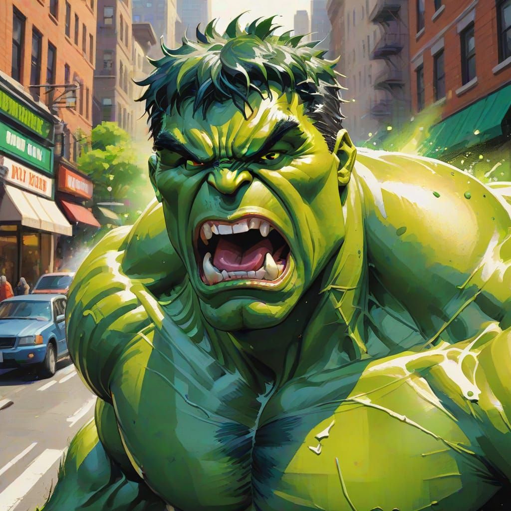 Hulk Roaring in City Street, Gouache Comic Art