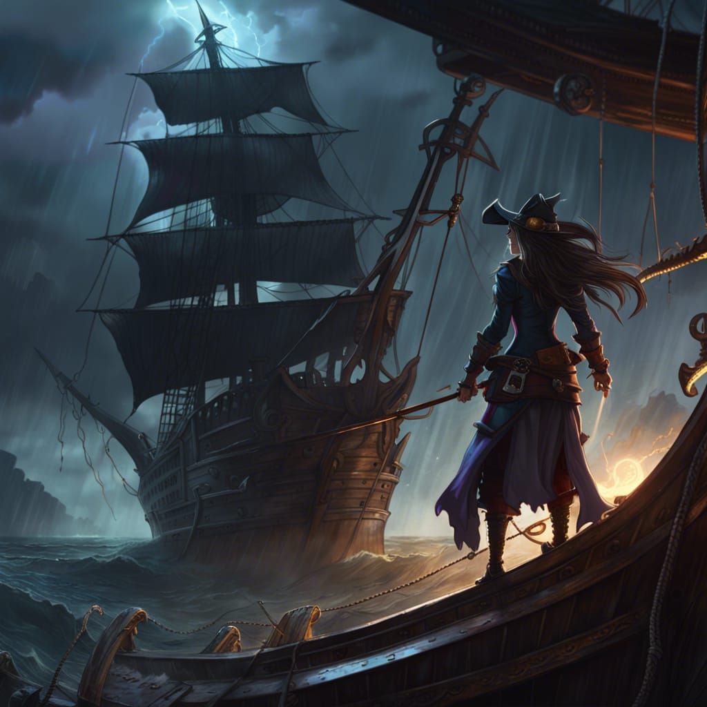 Half-Demon Wizard Commands Pirate Ship in Storm
