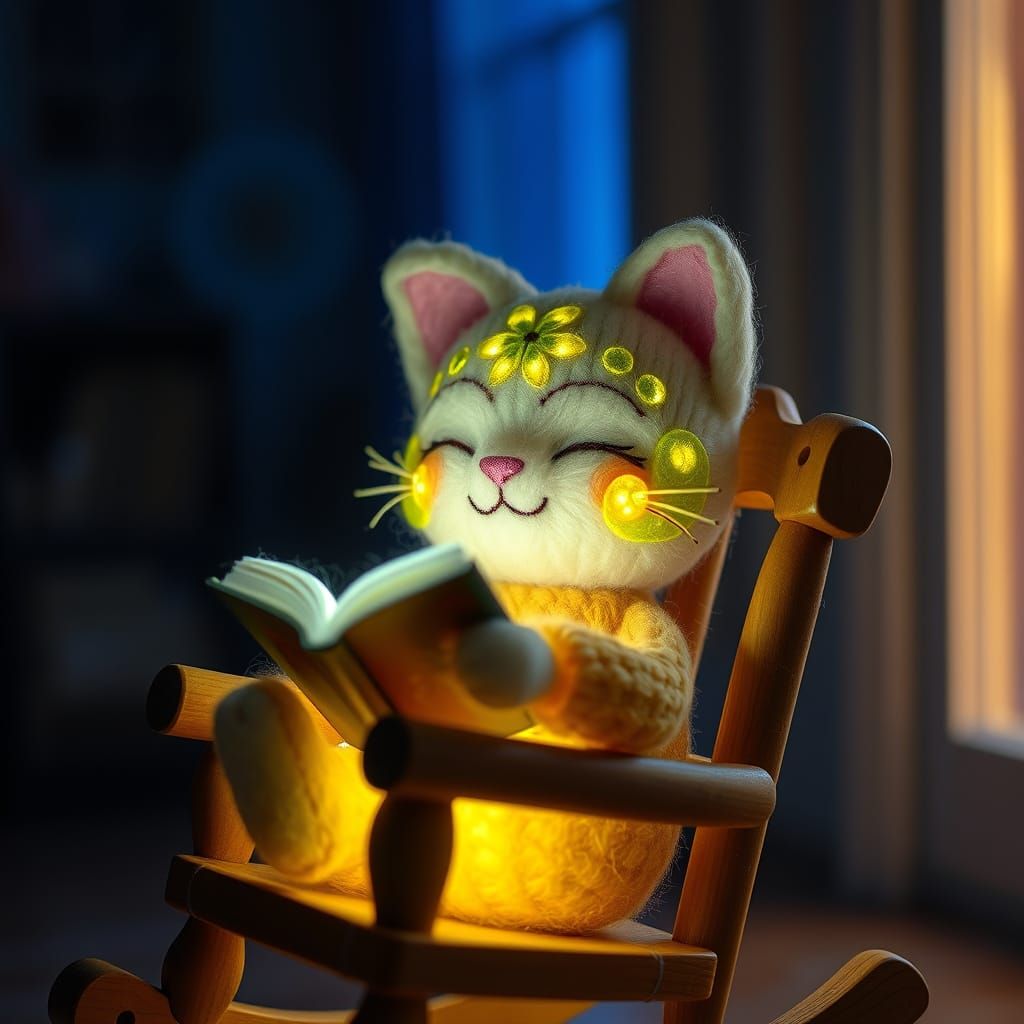Chibi Cat Creature Reading Book Under Moonshine