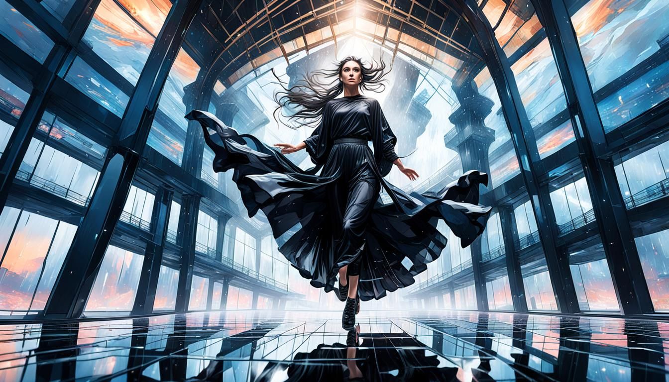 Dancer Reflected on Glass Floor in Dramatic Lighting