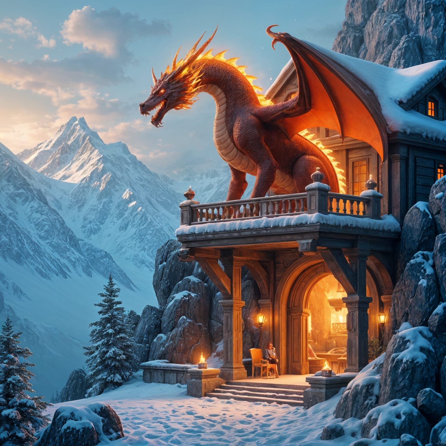 Fire Dragon Guards Mountain Mansion, Detailed Matte Painting