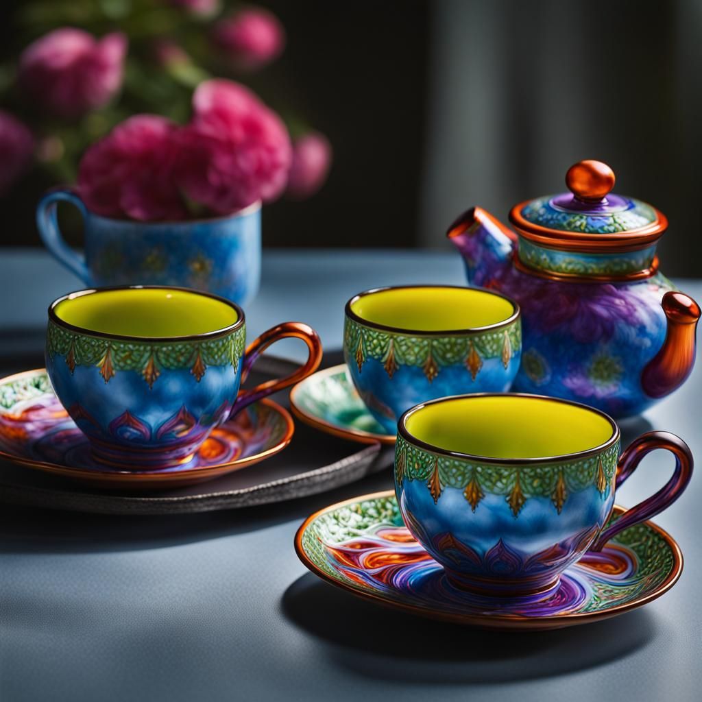Enameled Glass Tea Set: Detailed Product Photography