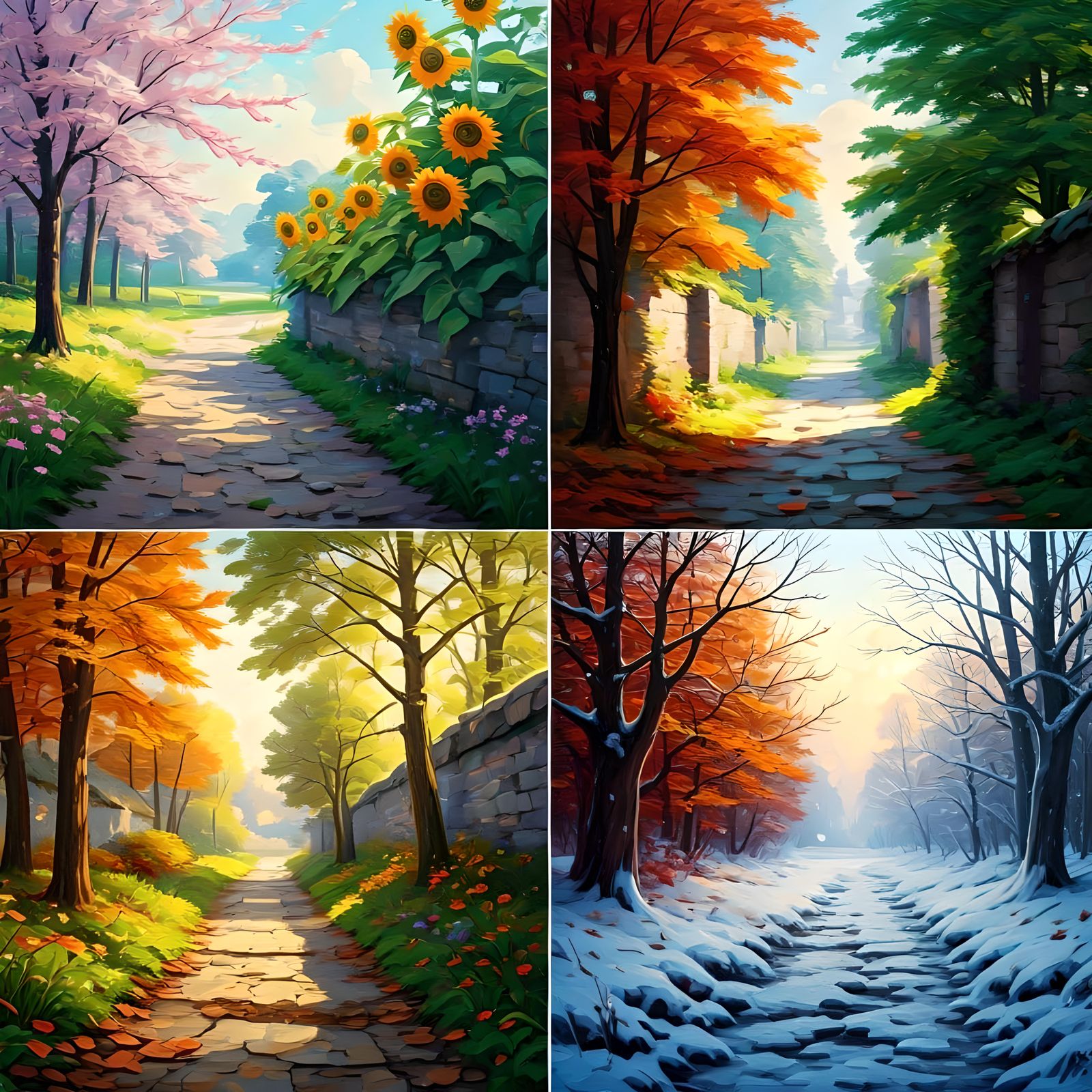 Four Seasons in Gouache Watercolor Style
