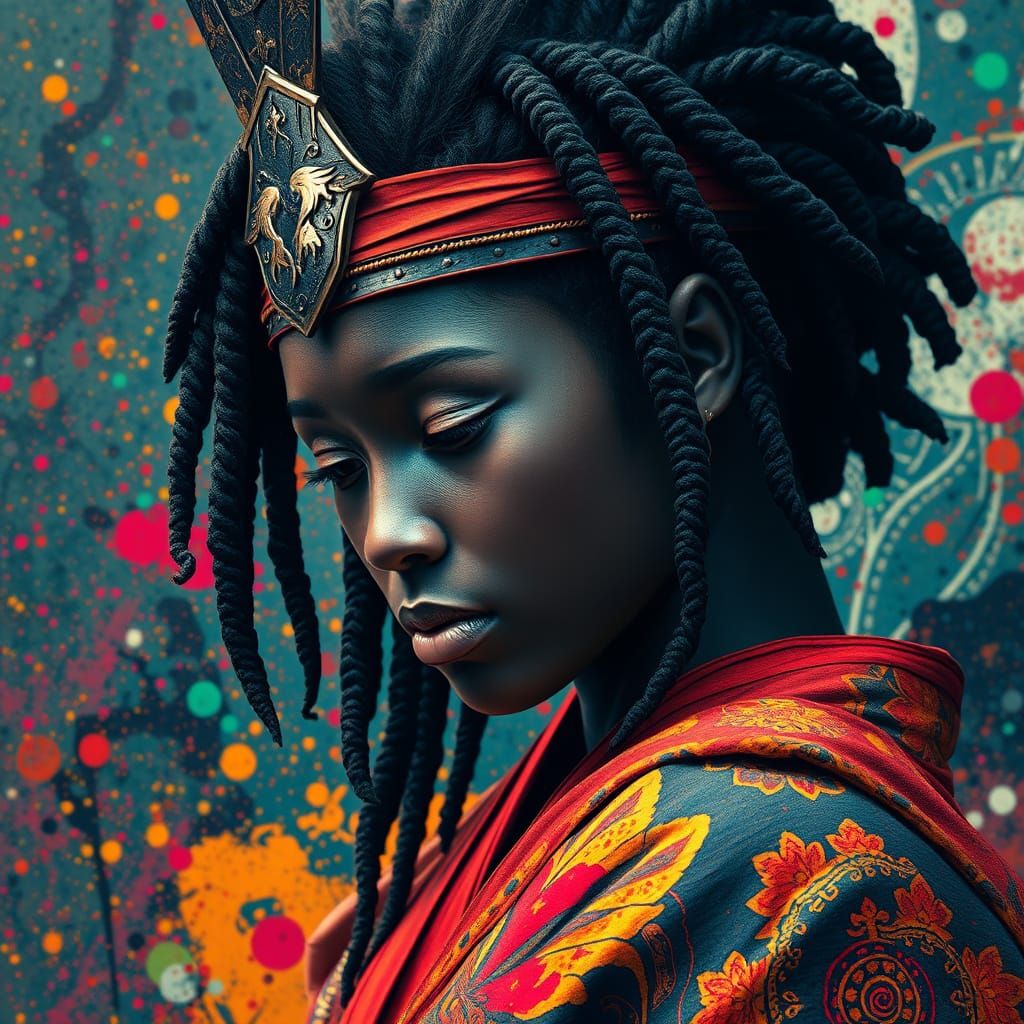 Introspective Black Samurai Warrior in Vibrant Paint Splatte...