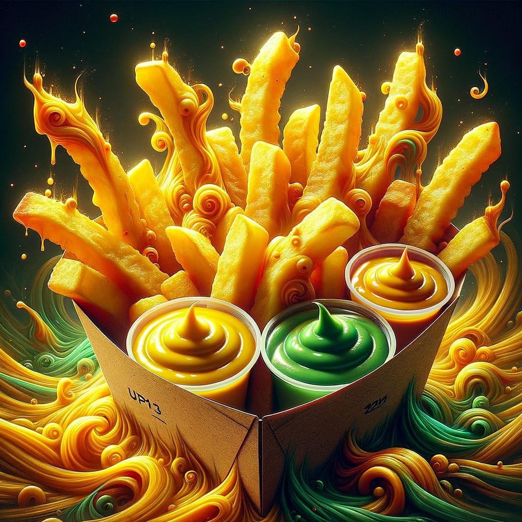 Golden Crispy French Fries with Sauces, Digital Painting
