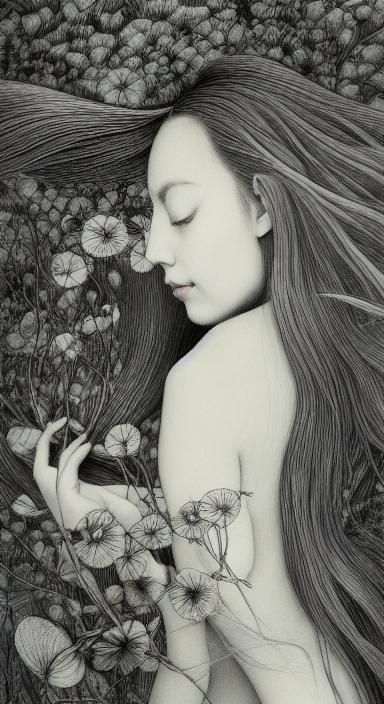 Elegant Woman with Flower in Etching Style