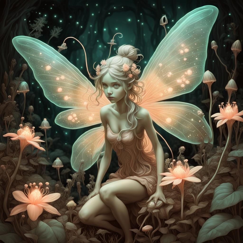 Fairy Lost in Bioluminescent World, 3D Illustration