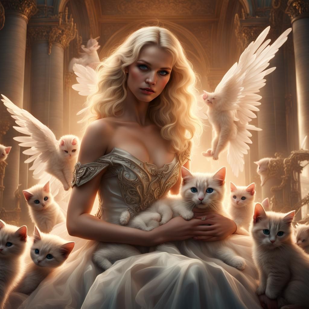 Blonde Angel in Ballgown Playing with Kittens