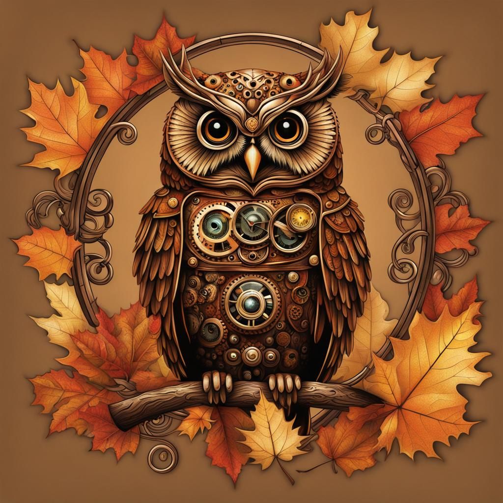Steampunk Owl in Autumn Leaves