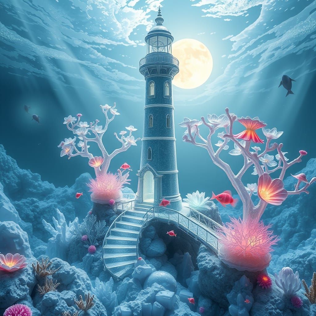 Crystal Lighthouse Shines Amidst Stormy Underwater World