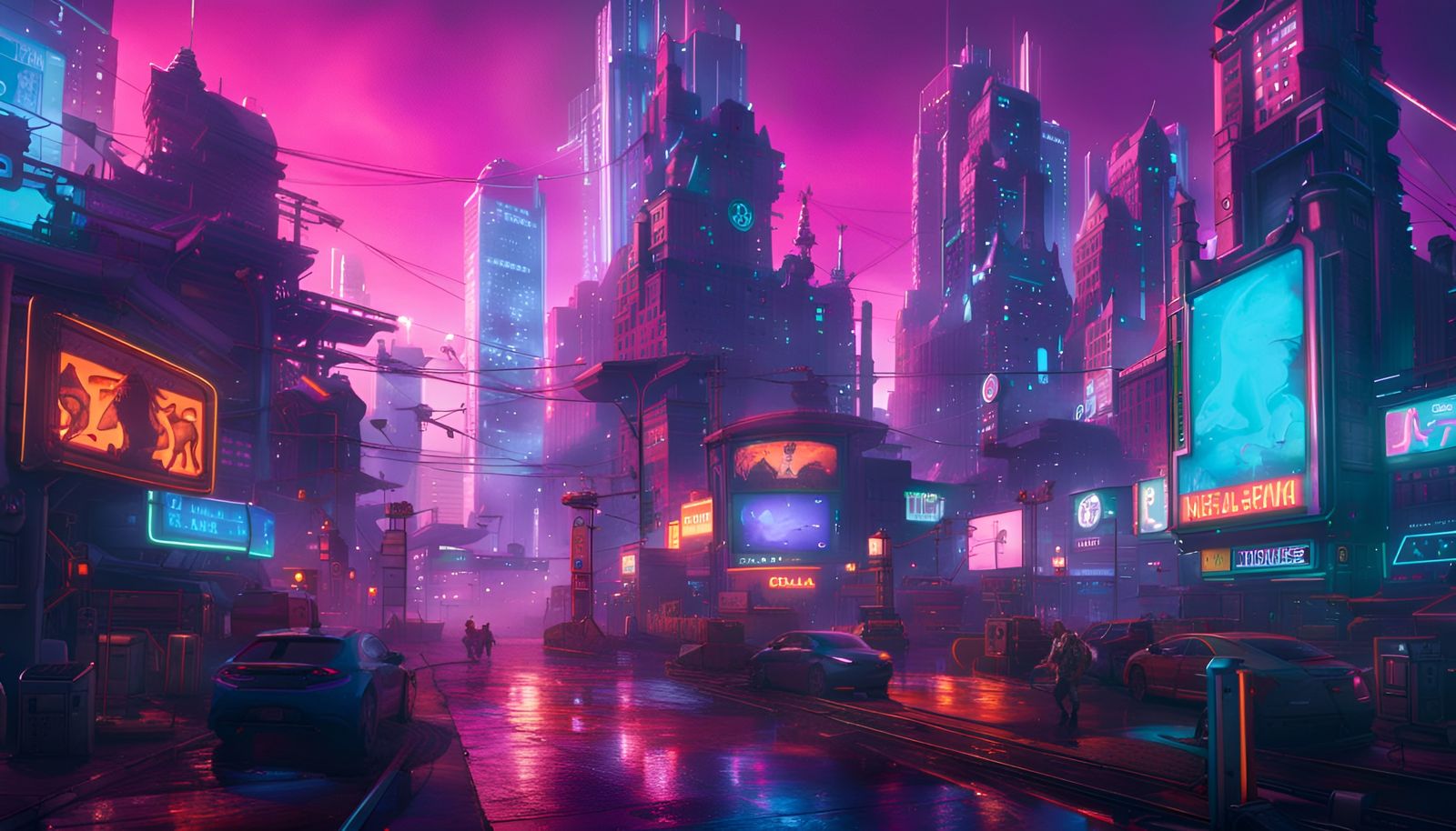 Neon Meta City with Animals in Detailed Matte Painting