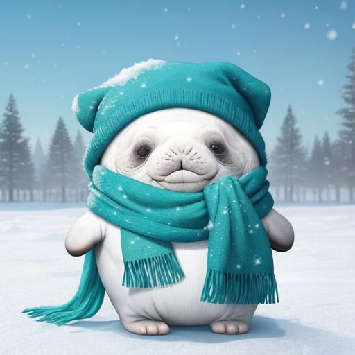 Cute snow-manatee wearing a blue-green scarf and hat, but feeling a bit too bundled up.