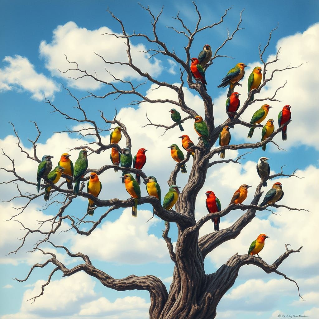 Majestic Bare Tree in Vibrant Colors with Colorful Birds