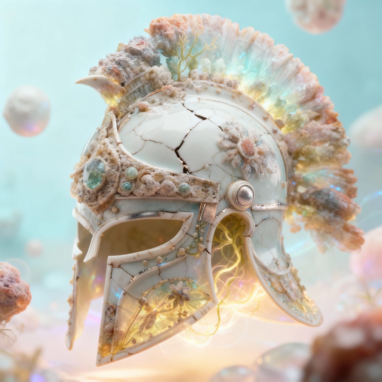 Surreal Fractured Helmet with Organic Mineral Growth