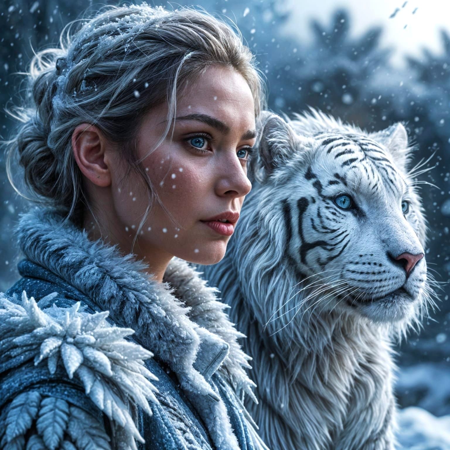 Woman and Maltese Tiger in Winter Blizzard