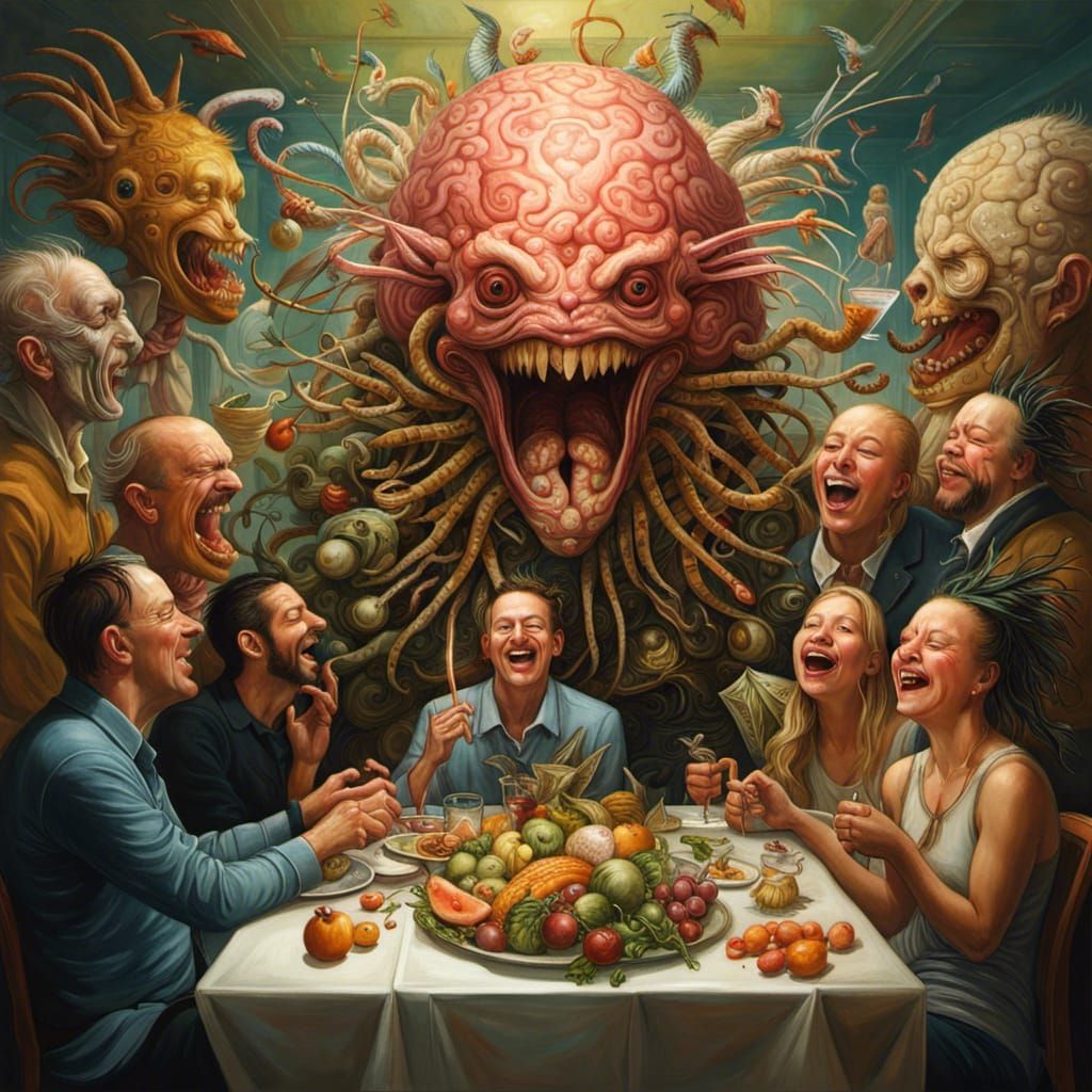 Friends Laughing at Fantastical Creature Salad