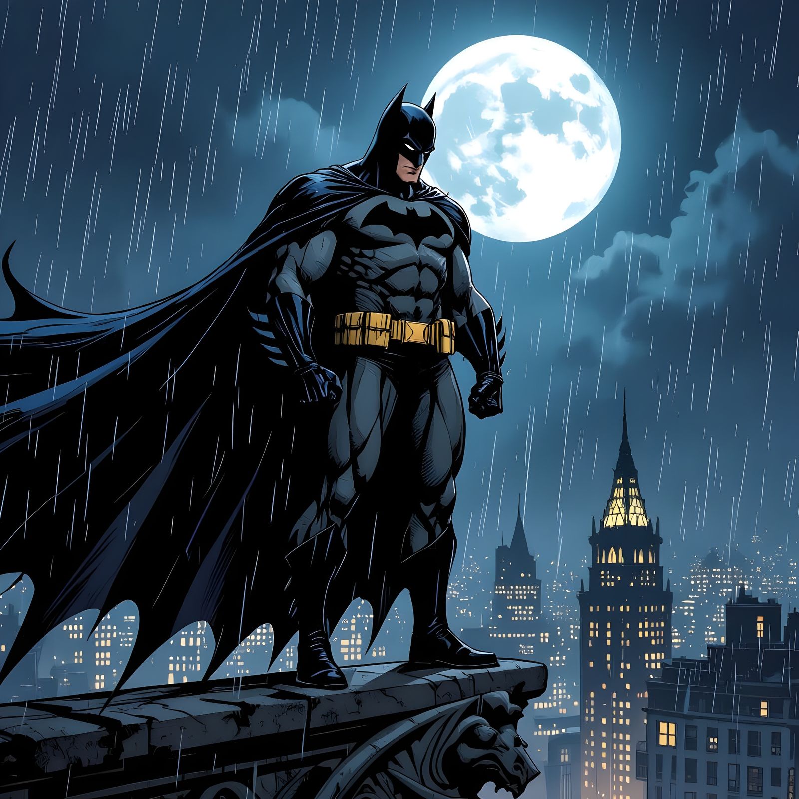 Batman in Dark Gotham Cityscape