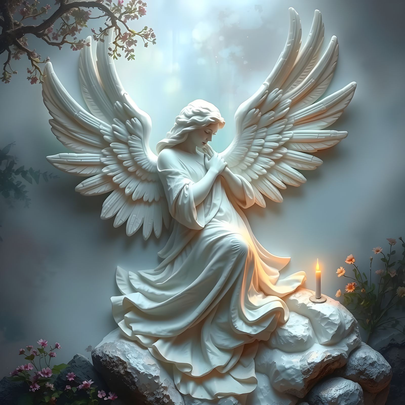 Ethereal Stone Angel in Misty Fantasy Landscape