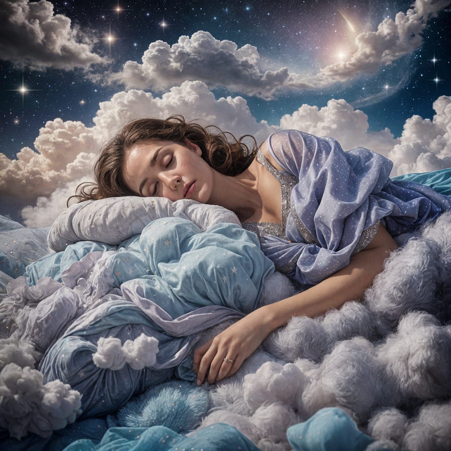 Woman Sleeping on Cloud Under Glittering Stars