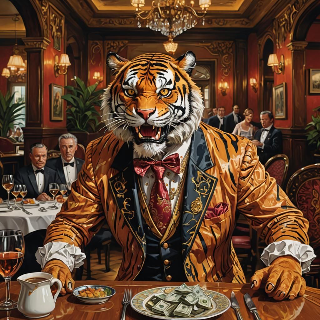 Cartoon Tiger's Restaurant Trouble in Bold Realism