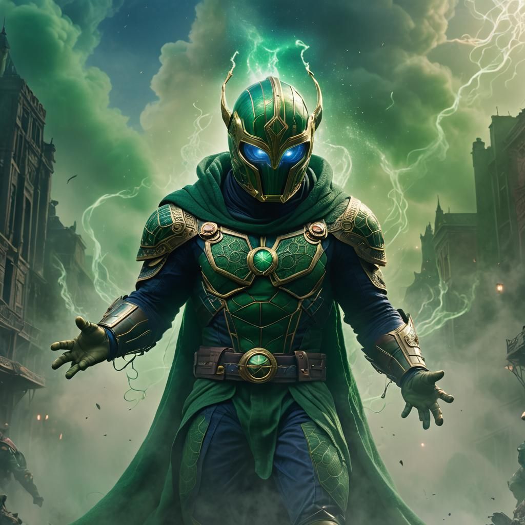 Mysterio Surrounded by Green Fog and Energy