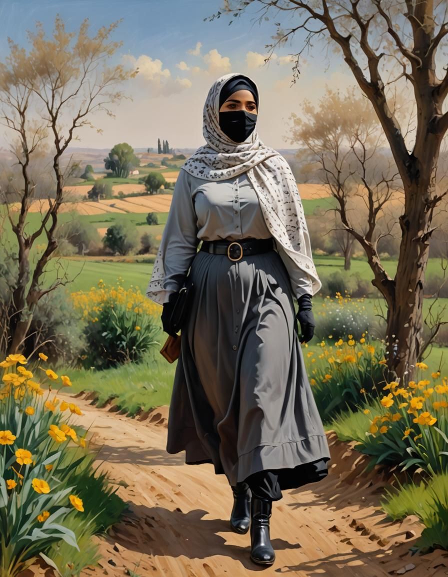 Middle Eastern Woman in Hijab, Oil-Guache Style