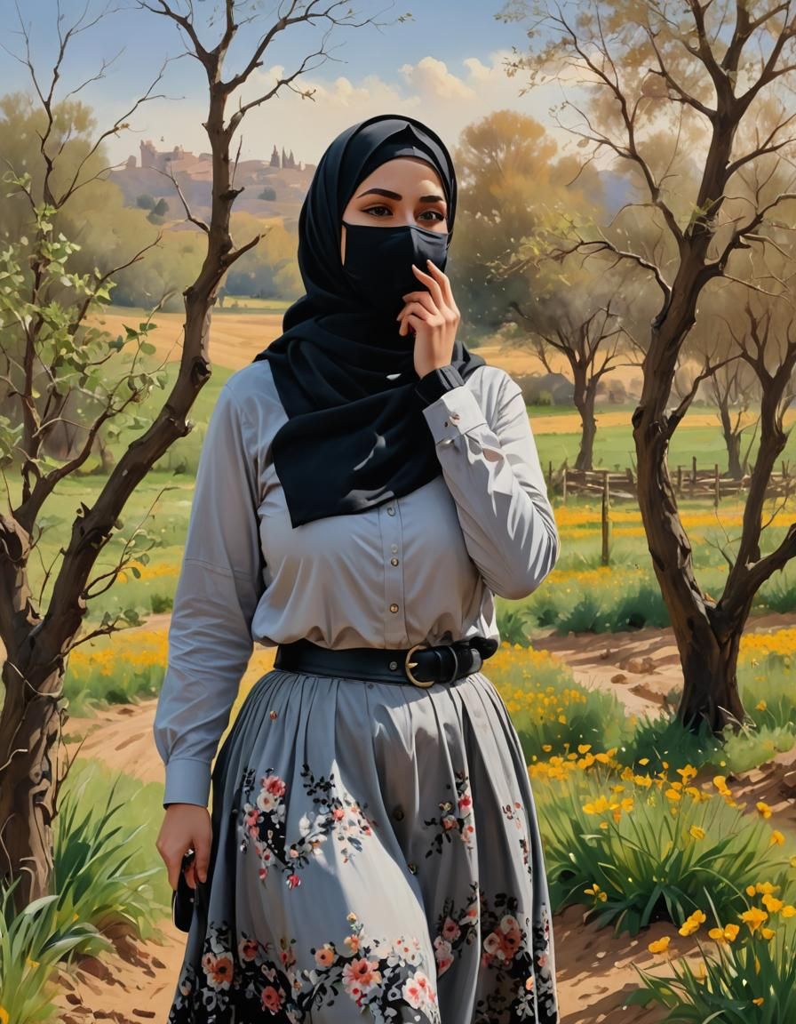 Middle Eastern Woman in Spring Landscape Painting