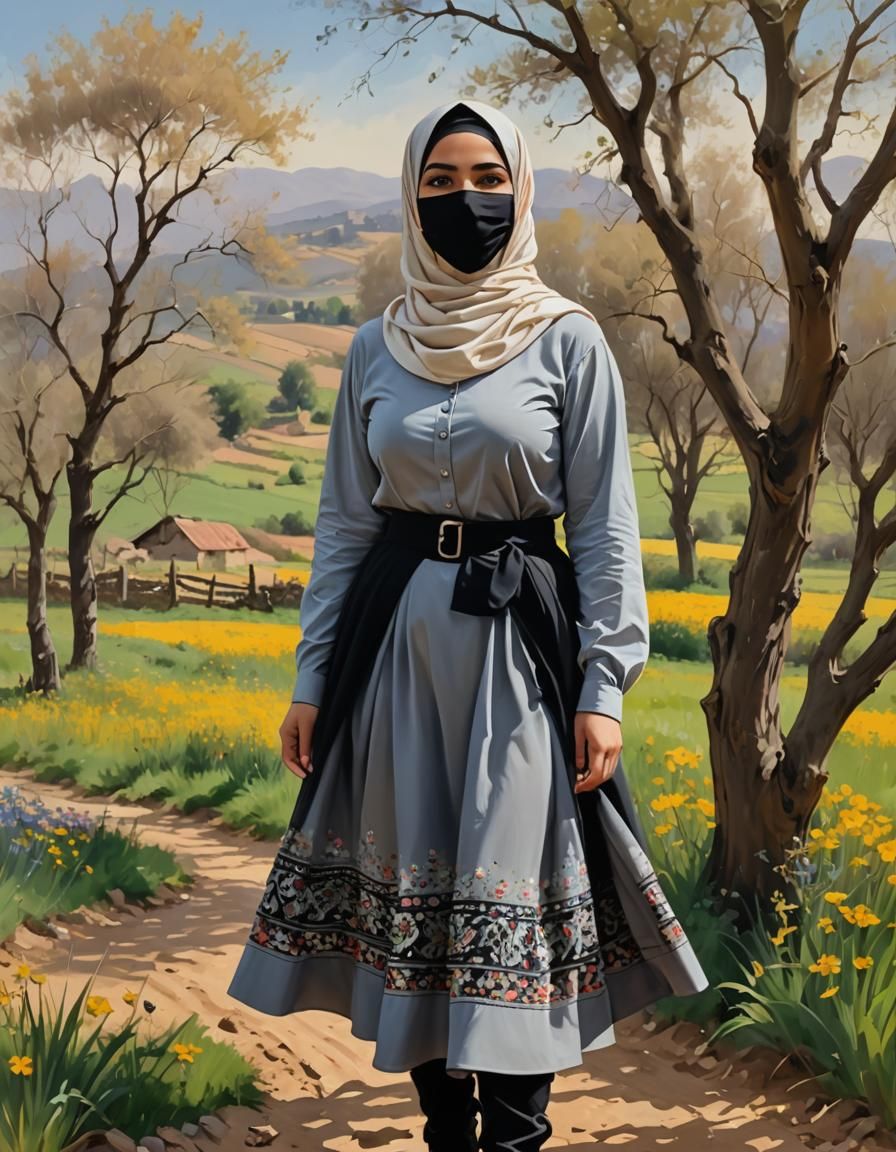 Woman in Hijab in Spring Landscape as Oil Painting