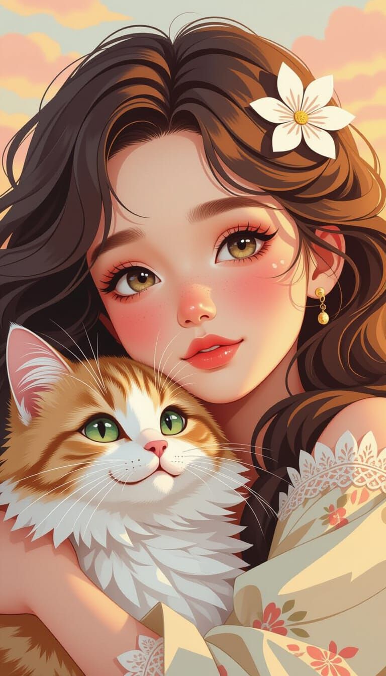 Girl Resting on Cat in Paper-Cut Style