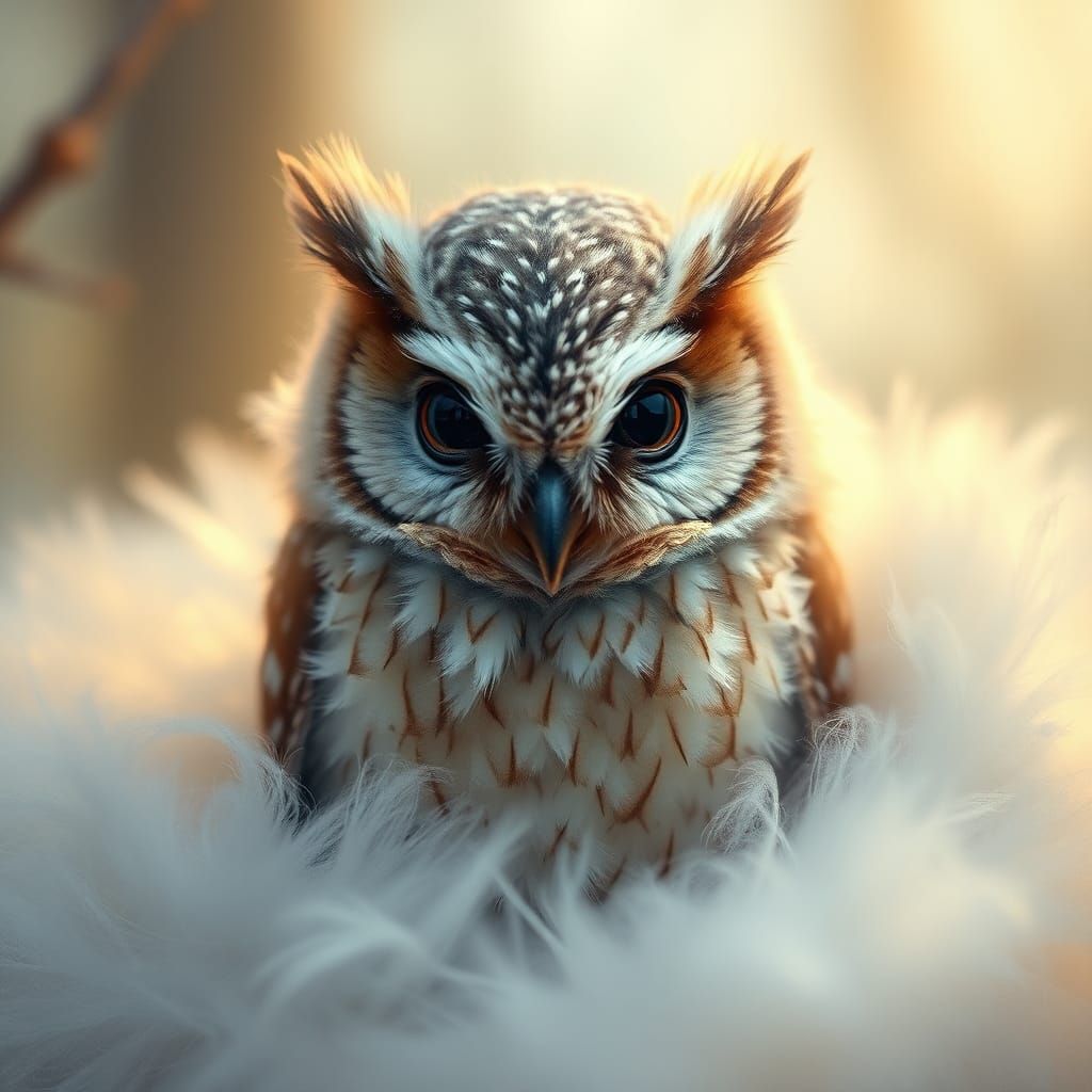 Detailed Owl Chick Portrait in Dreamy Style