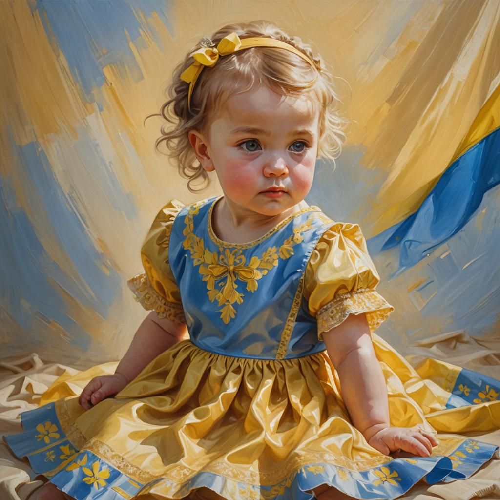 Ukrainian Baby Girl with Flag as Oil Painting