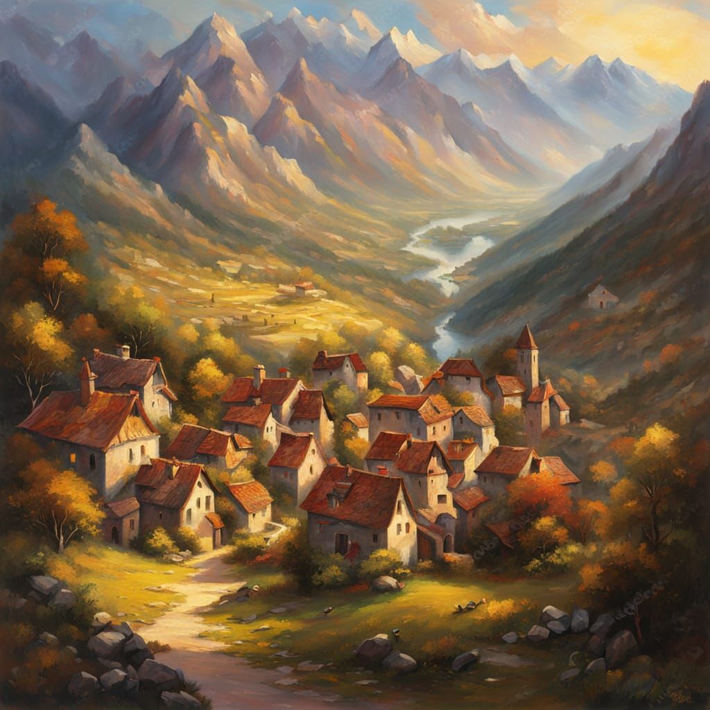 Baroque Village in Mountains Oil Painting