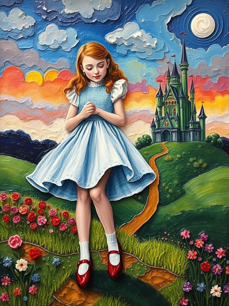 Vibrant Impasto Painting of Dorothy in Oz Castle