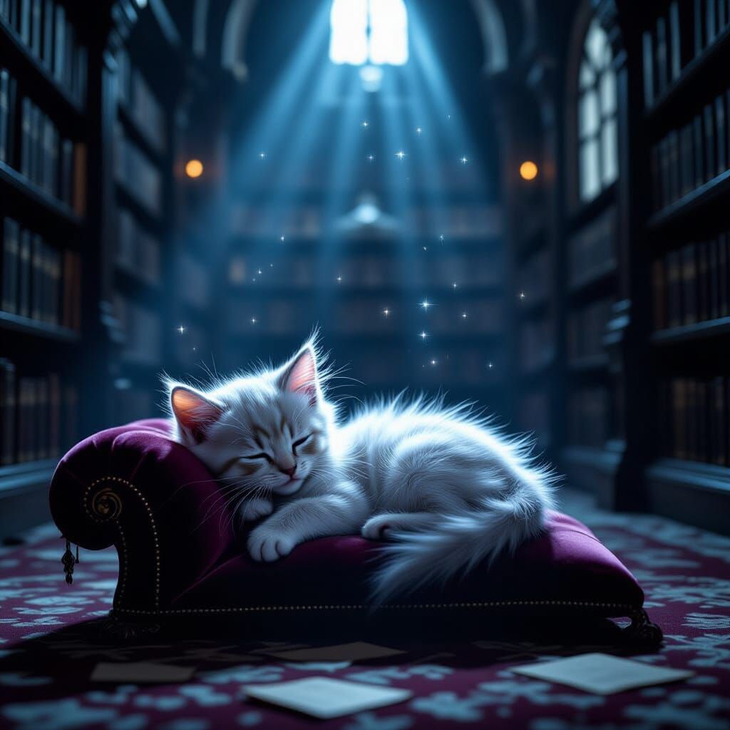 Spectral Kitten on Velvet Cushion in Gothic Library