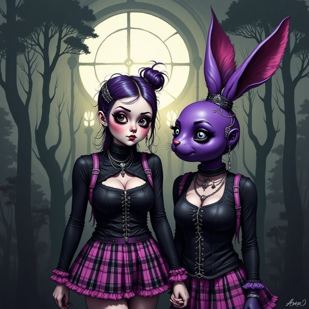 Gothic Girl and Rabbit in Emo-Inspired Cartoon Style