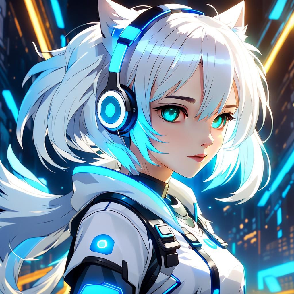 Anime Girl with Futuristic Headset: Digital Painting