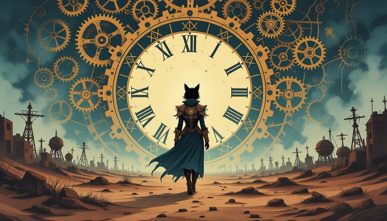 Steampunk Feline in Desolate Landscape, Digital Painting