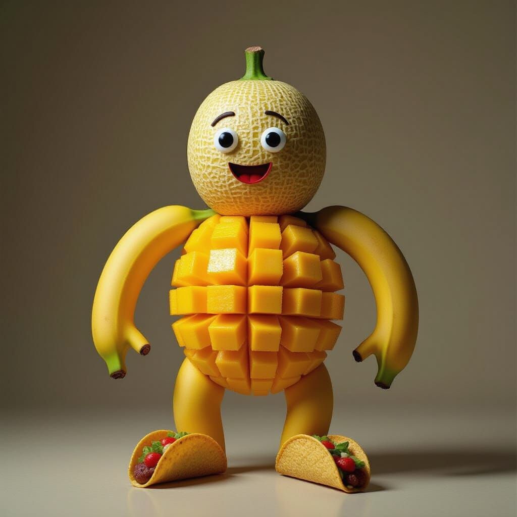 Food Figure: Melon Head, Banana Body, Mango Limbs, Taco Feet