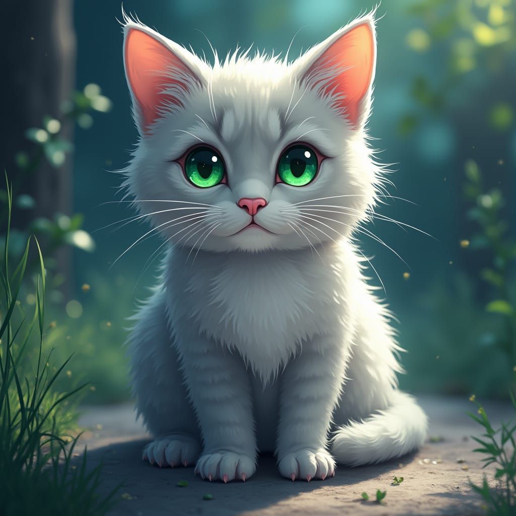Majestic Anime-Style Silver Tabby Cat with Piercing Green Ey...