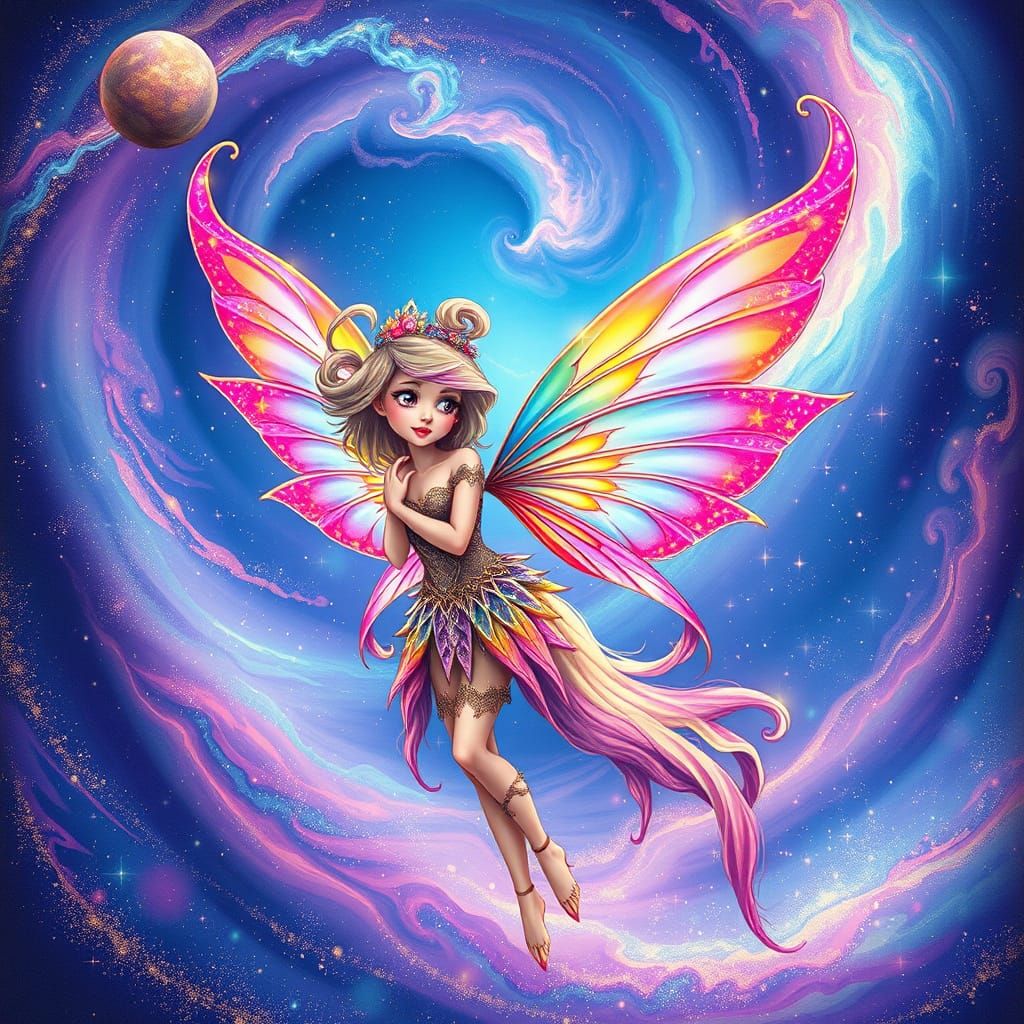 Iridescent Fairy in Cosmic Aurora Holographic Illustration